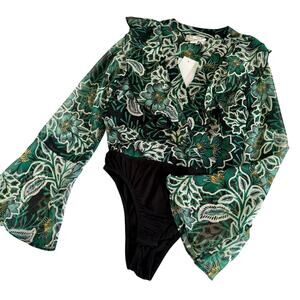 Band of the Free Bonnie Black Emerald Floral Long Sleeve Bodysuit Women’s XS